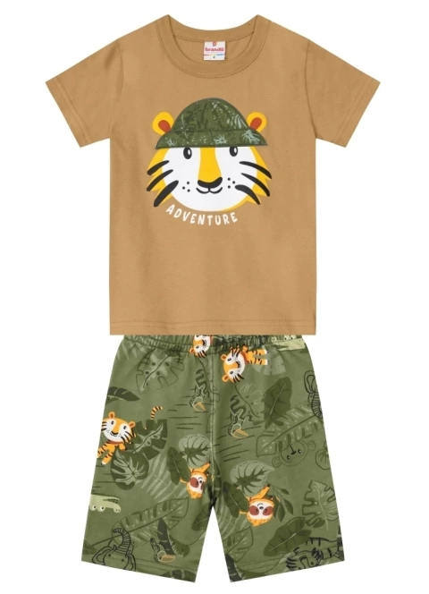 Conjunto Infantil menino Brandili de Camiseta Meia Malha de Tigre com aplique e Bermuda Moletinho