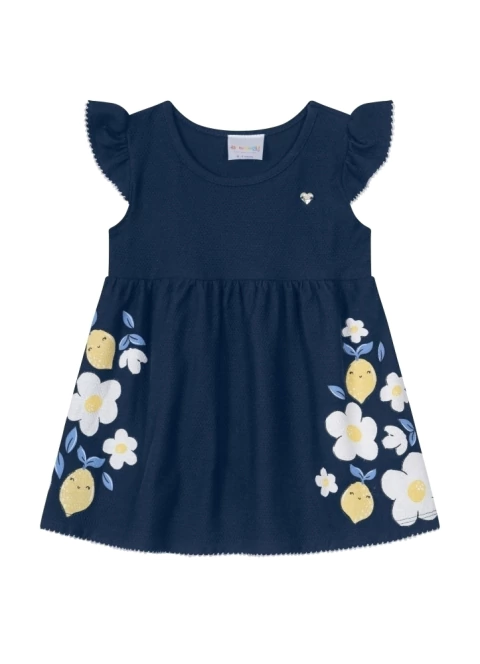 Vestido Infantil menina Meia Malha Waffle estampa limões e flores Brandili