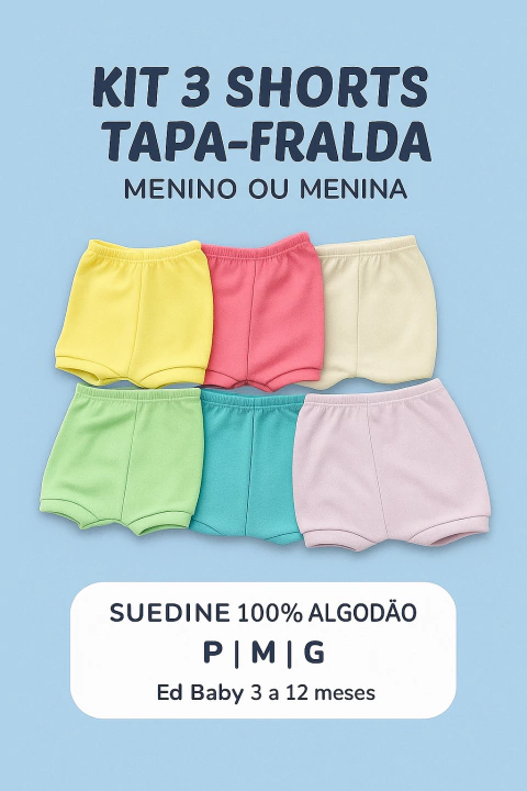 KIT SHORT BEBÊ TAPA FRALDA LISO ED BABY - 3 SHORTS DE BEBÊ MENINO OU MENINA