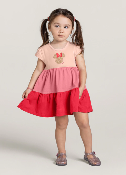 VESTIDO M/MALHA Meia manga Minnie Mouse com aplique brilhoso