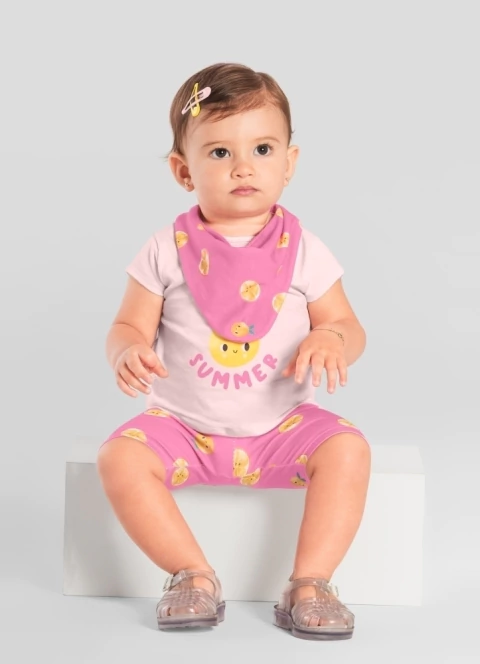 Conjunto bebê menina de Blusa e Babador Meia Malha / Bermuda Ciclista Cotton BRANDILI - P ao G