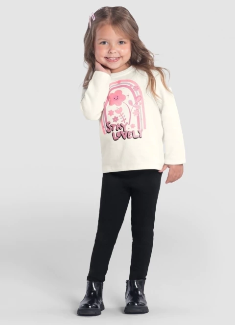 Conjunto Infantil feminino de Blusão Moletom e Calça Legging Molecotton Brandili lettering Stay Lovely com flores
