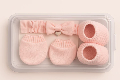 KIT ENXOVAL DE BEBÊ FOFINHO LUVA SAPATO TIARA EM TRICO - 3 PEÇAS (5 itens) - ENXOVAL DE BEBÊ MENINA