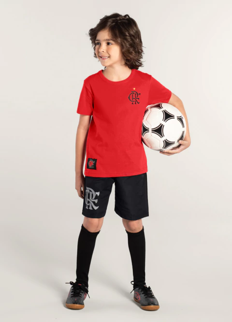 CONJUNTO DO FLAMENGO INFANTIL MASCULINO DE CAMISETA MEIA MALHA / BERMUDA MICROFIBRA LICENCIADO CAMISA DO FLAMENGO