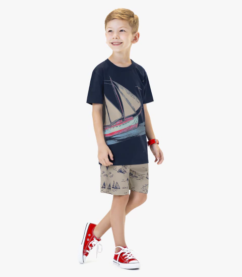 CONJUNTO INFANTIL MENINO DE CAMISETA MALHA E BERMUDA TACTEL barco a vela Rovitex