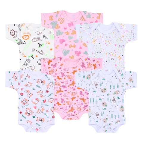 Body de bebê manga curta em suedine canelado Top Chot estampado