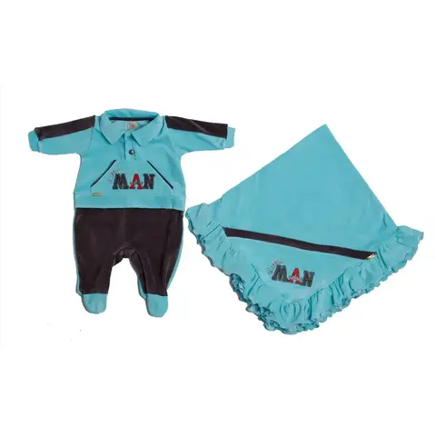 Saída de Maternidade Bebê Din Don em Plush Azul com Macacão e Manta P