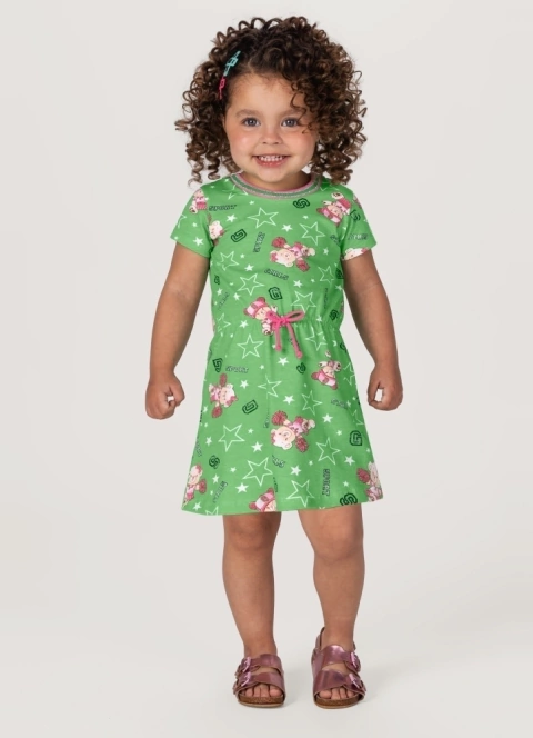 VESTIDO em cotton de manga curta com estampa de ursinha torcedora