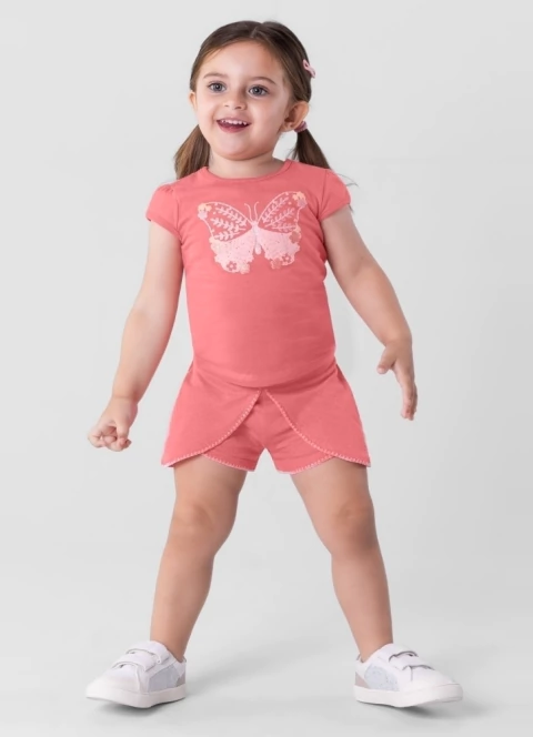 Conjunto Infantil Menina de Blusa Meia Malha e Shorts Saia Meia Malha Maquinetada Brandili