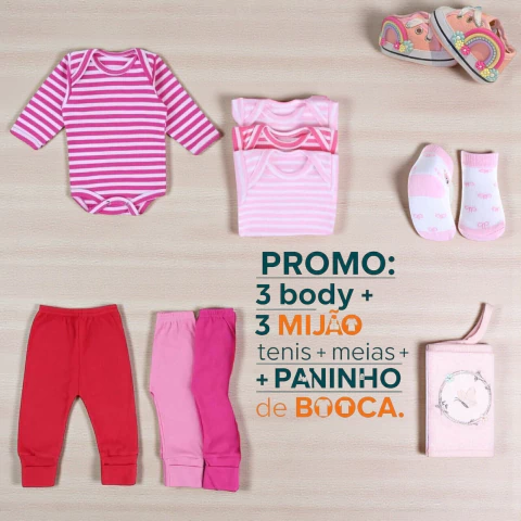 Kit maternidade bebê menina enxoval 9 peças (12 itens) kit body e mijão menina - P, M e G