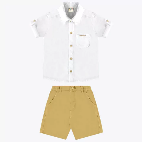 CONJUNTO INFANTIL MENINO SOCIAL CAMISA BRANCA BERMUDA SARJA