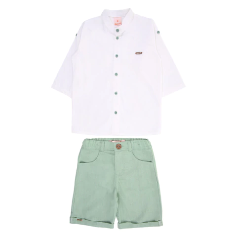 CONJUNTO INFANTIL MENINO MACUTIE LUXO CAMISA SOCIAL GOLA PADRE E BERMUDA DE SARJA VERDE