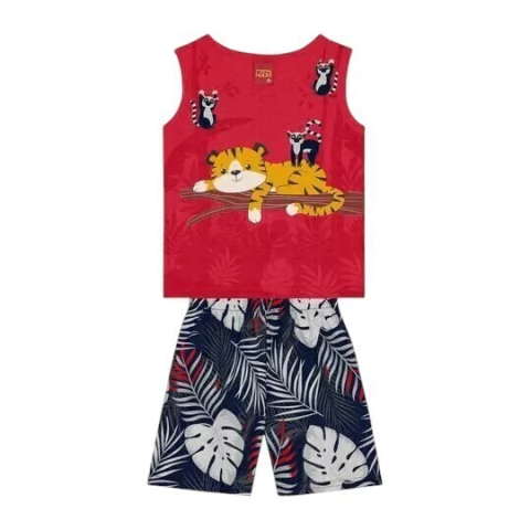 Conjunto menino De Regata Tigre & Bermuda Folhagens. - Vermelho & Azul Marinho - 2 anos - KYLY