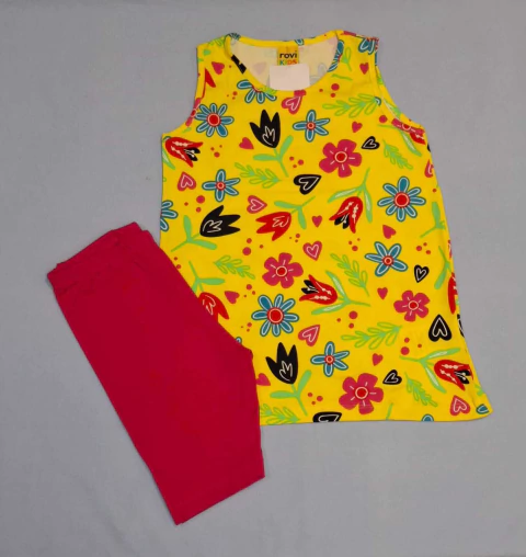 Conjunto infantil feminino de blusa regata e bermuda ciclista Rovitex Estampas