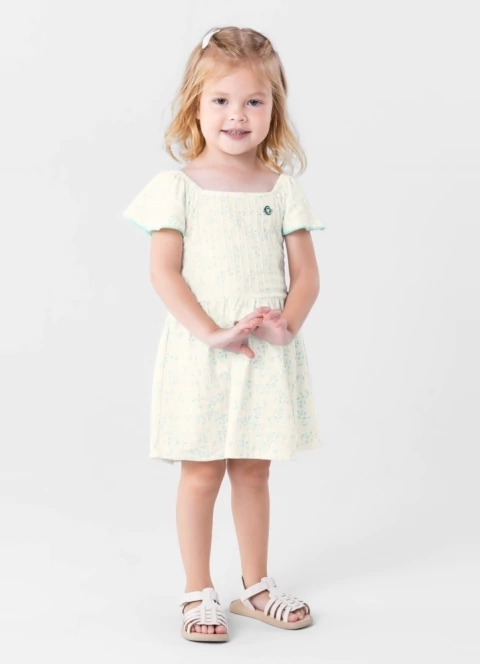 Vestido Infantil em Cotton Quadriculado estampa folhagem