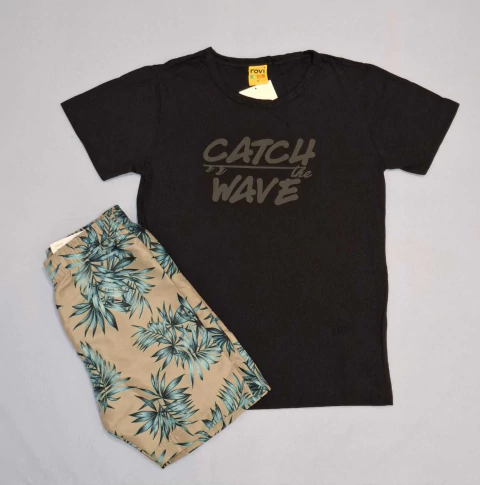 Conjunto infantil menino roviKIDS camiseta malha e bermuda tactel com escrita Catch the Wave