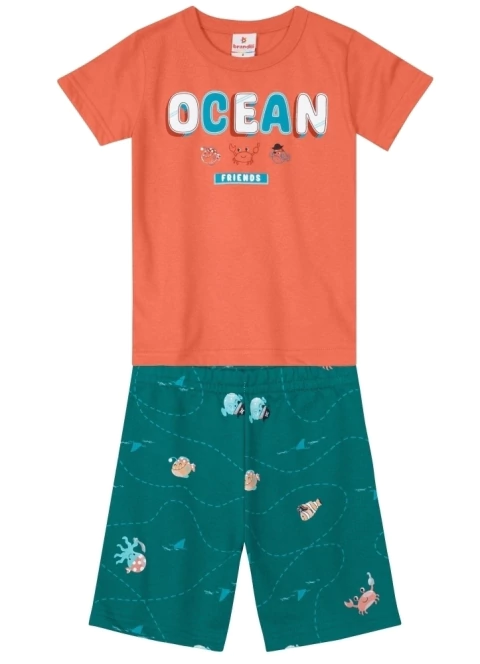 Conjunto Infantil Masculino de Camiseta Meia Malha e Bermuda Moletinho Brandili