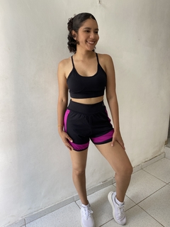 Conjunto de Short Duplo Kelly em Poliamida – Preto com Roxo e Bojos Removíveis