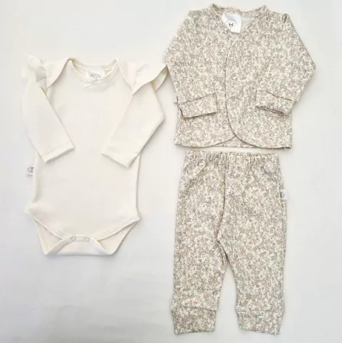 Kit X3 piezas recien nacidos interlock florcita liberty rosa