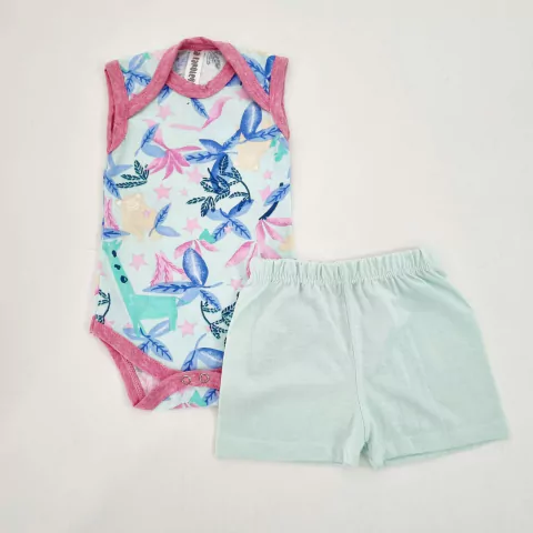 Ajuar de recién nacido body algodón flores azul short aqua MC - comprar online