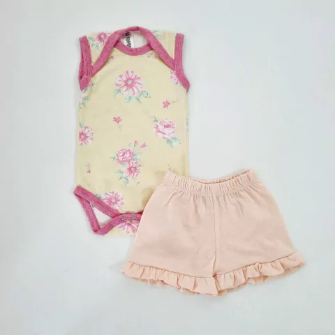 Ajuar de recién nacido body algodón flores amarillo short salmón MC - comprar online