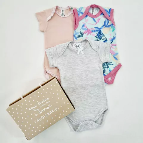 Pack con caja body algodon flores aqua, salmon y gris MC