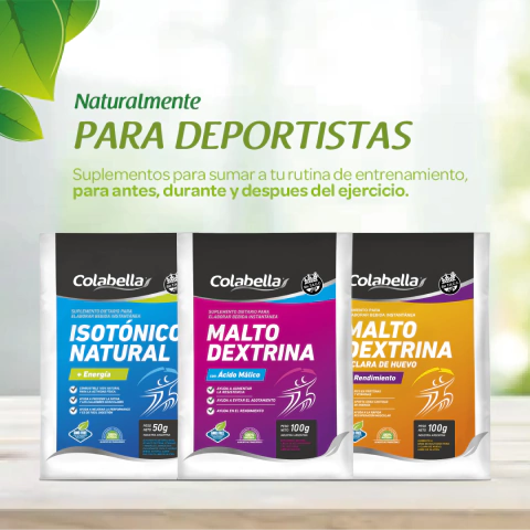Combo para deportistas con suplementos isotónico natural y maltodextrina en envases de 50 y 100 gramos