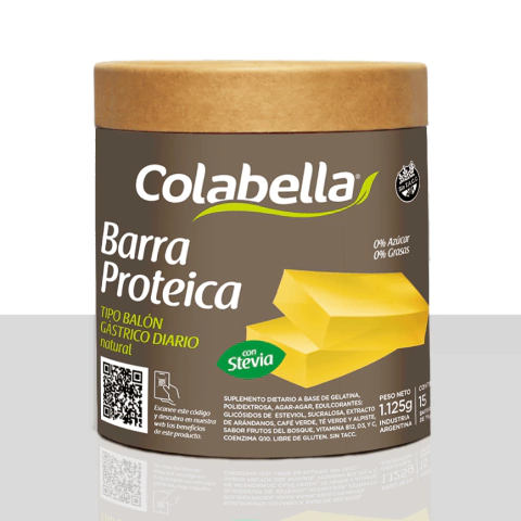 Pote de barras proteicas Colabella sabor frutos del bosque con etiqueta marrón y tapa beige