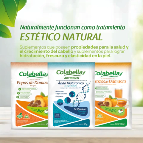 Combo estético natural con suplementos Colabella de Pepas de Damasco, Ácido Hialurónico y Trozos de Damasco para salud y crecimiento del cabello y elasticidad de la piel