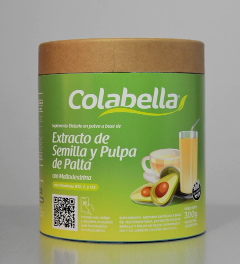 Envase de suplemento dietario en polvo Colabella, extracto de semilla y pulpa de palta, pote de 300 gramos