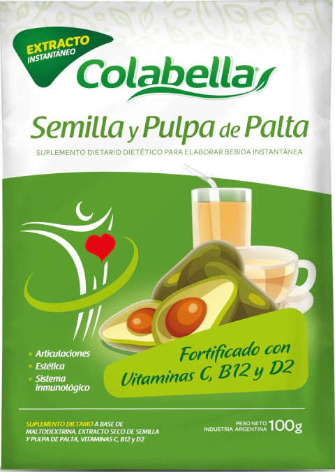 Paquete de bebida en polvo Colabella de extracto instantáneo de semilla y pulpa de palta, suplemento dietario fortificado con vitaminas C, B12 y D2, con imagen de palta y vasos con bebida.