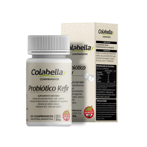 Frasco y caja de comprimidos probióticos Kéfir de la marca Colabella, suplemento dietario sin gluten, con 60 comprimidos y 30 gramos netos, indicado para salud digestiva e inmunológica