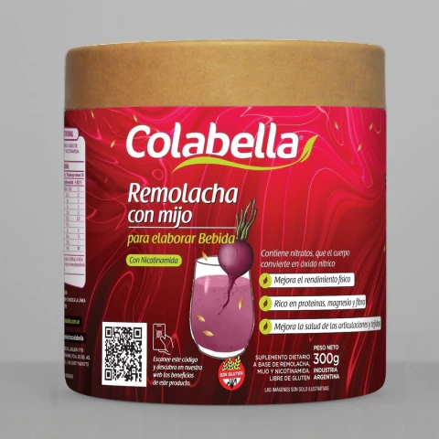 Envase de batido de remolacha con mijo Colabella de 300 g con nicotinamida, etiqueta roja con ilustración de remolacha y vaso con bebida
