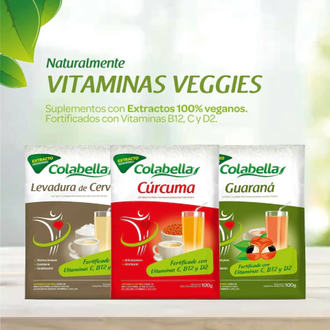 Combo de suplementos veganos Colabella con extractos de levadura de cerveza, cúrcuma y guaraná, fortificados con vitaminas B12, C y D2 en sobres de 100 gramos cada uno