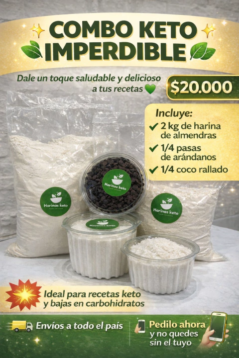 Combo Keto 2 kg HARINA de almendras, 1/4 coco rallado 1/4 pasas de arandanos.
