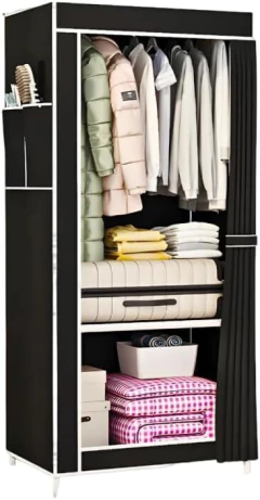 Guarda Roupa Solteiro Dobrável, Individual, Armário Organizador de Roupas com 1 Porta, Multiuso com Bolsos Laterais (Preto)