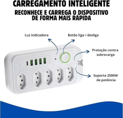 Filtro de Linha, Extensão, Régua Tomada com 5 Tomadas, 4 Portas USB, 1 Porta USB Tipo C, Cabo de Alimentação de 2 Metros, Suporte a Tensão de 110-220V - comprar online