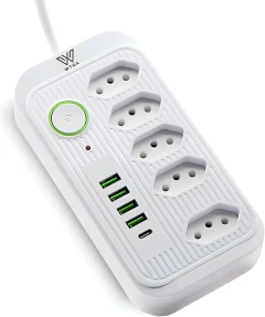 Filtro de Linha, Extensão, Régua Tomada com 5 Tomadas, 4 Portas USB, 1 Porta USB Tipo C, Cabo de Alimentação de 2 Metros, Suporte a Tensão de 110-220V
