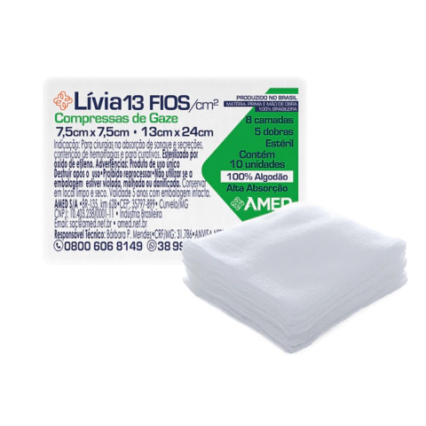 Compressa de gaze Estéril hidrófila 7,5x7,5 Pct, C/10Un - Livia