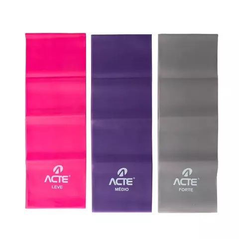 Kit Faixas Elásticas Band, 3 Intensidades Leve ,Médio, Difícil, Rosa Roxo Cinza Acte Sports
