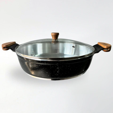 Frigideira 30cm 4,7L Diamantada Alças Madeira com Tampa de Vidro - Cor: Preto Liso