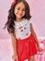 Conjunto Blusa Estampada Gatinha + Shorts Vermelho Kukiê