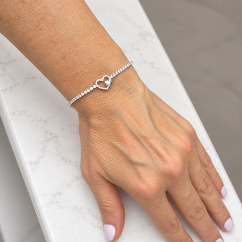 Pulsera cubic extensible (de 16 a 20 cm) y dije corazón calado con corazón bb. Plata 925