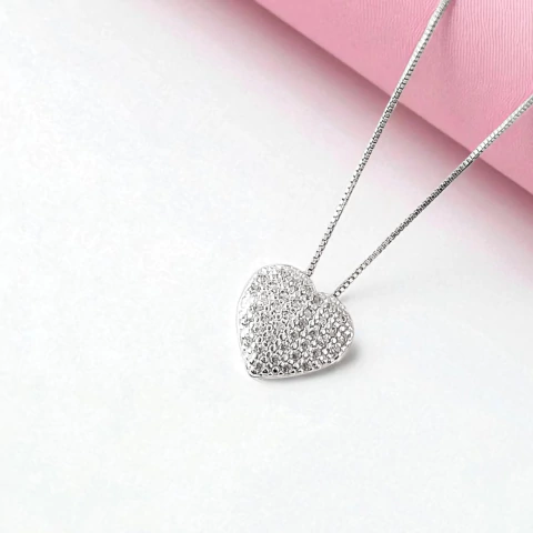 COLAR VENEZIANA 45CM PINGENTE CORAÇÃO CRAVEJADO | PRATA 925 - comprar online