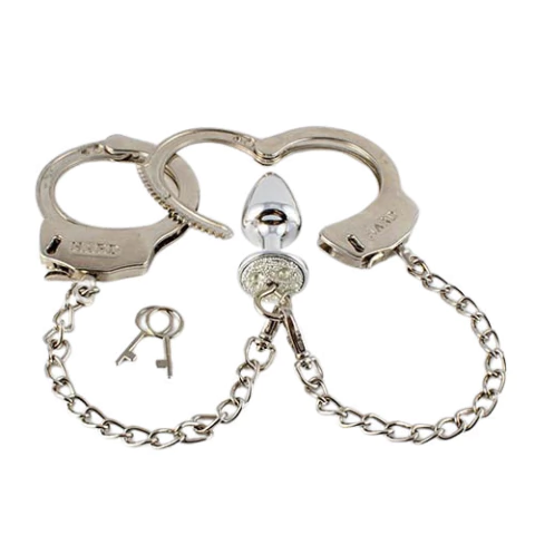 Par de Algemas em Metal com Chave de Segurança e Plug Anal "P" Cromado com Detalhes de Pedras Cravejadas - HARD