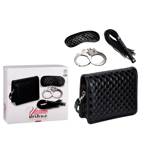 Kit com Bolsa Luxo, Venda, Algema em metal e Chicote em Couro Sintético - Ultimate Bondage