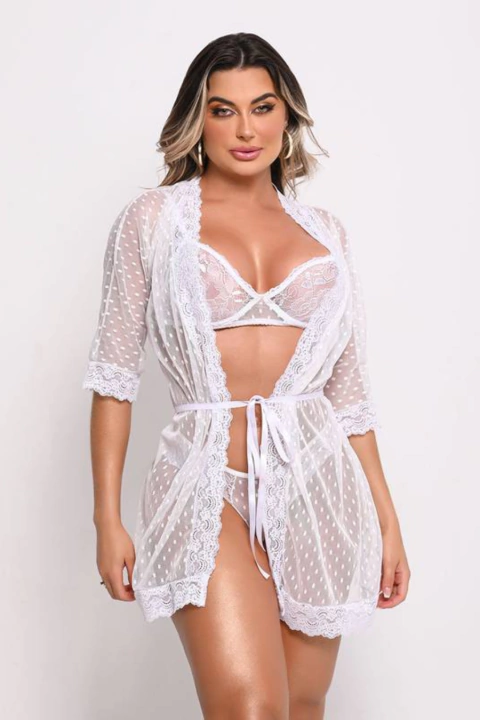 Conjunto com Robe em Renda e Tule Poá - Yaffa Lingerie - comprar online