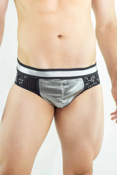 Cueca Jockstrap Masculina Sex em Paetê Preto com Detalhes em Cirré Prata - Steves Designer - comprar online