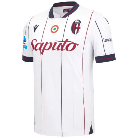 Camisa Bologna 25/26 Serie A, camisa Bologna branca com patch, uniforme visitante Bologna FC, camisa torcedor masculina 2025, camisa oficial Bologna Serie A, camisa Macron Bologna, camisa futebol italiano, camisa Bologna fora de casa