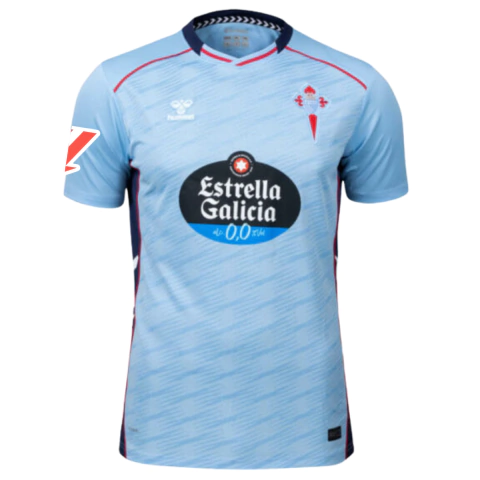 camisa celta de vigo 25/26 patch la liga, camisa titular celta de vigo azul clara, camisa celta hummel patch campeonato espanhol, uniforme oficial celta de vigo 2025 2026, camisa torcedor celta patch la liga, camisa azul celeste espanhola patch, camisa ma